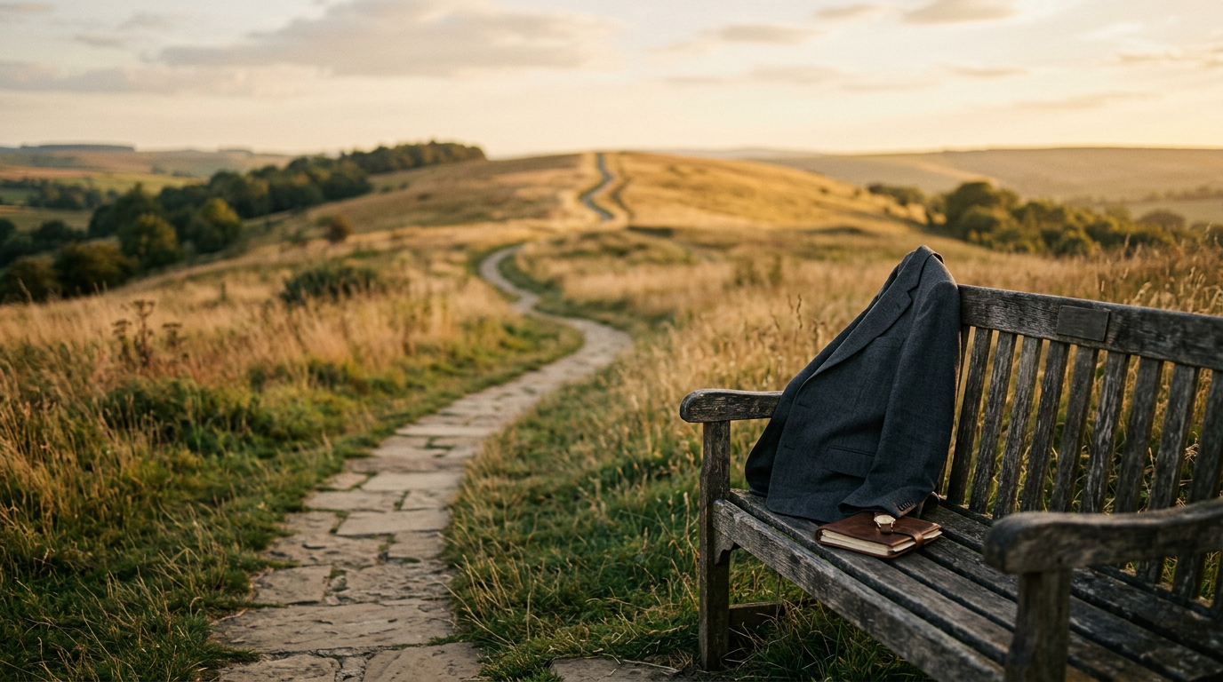 Suit jacket on a bench overlooking a scenic path symbolizing retirement and advisory firm succession