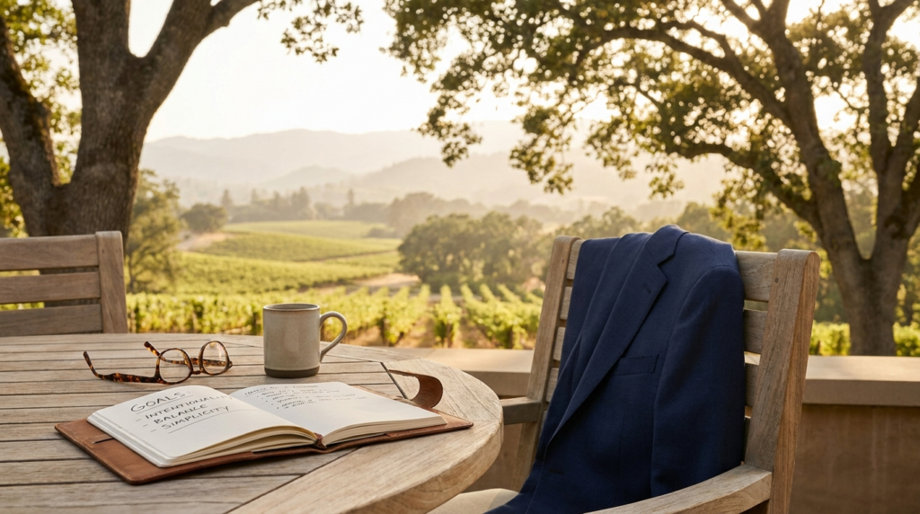 Peaceful outdoor workspace representing work-life balance after selling an advisory practice